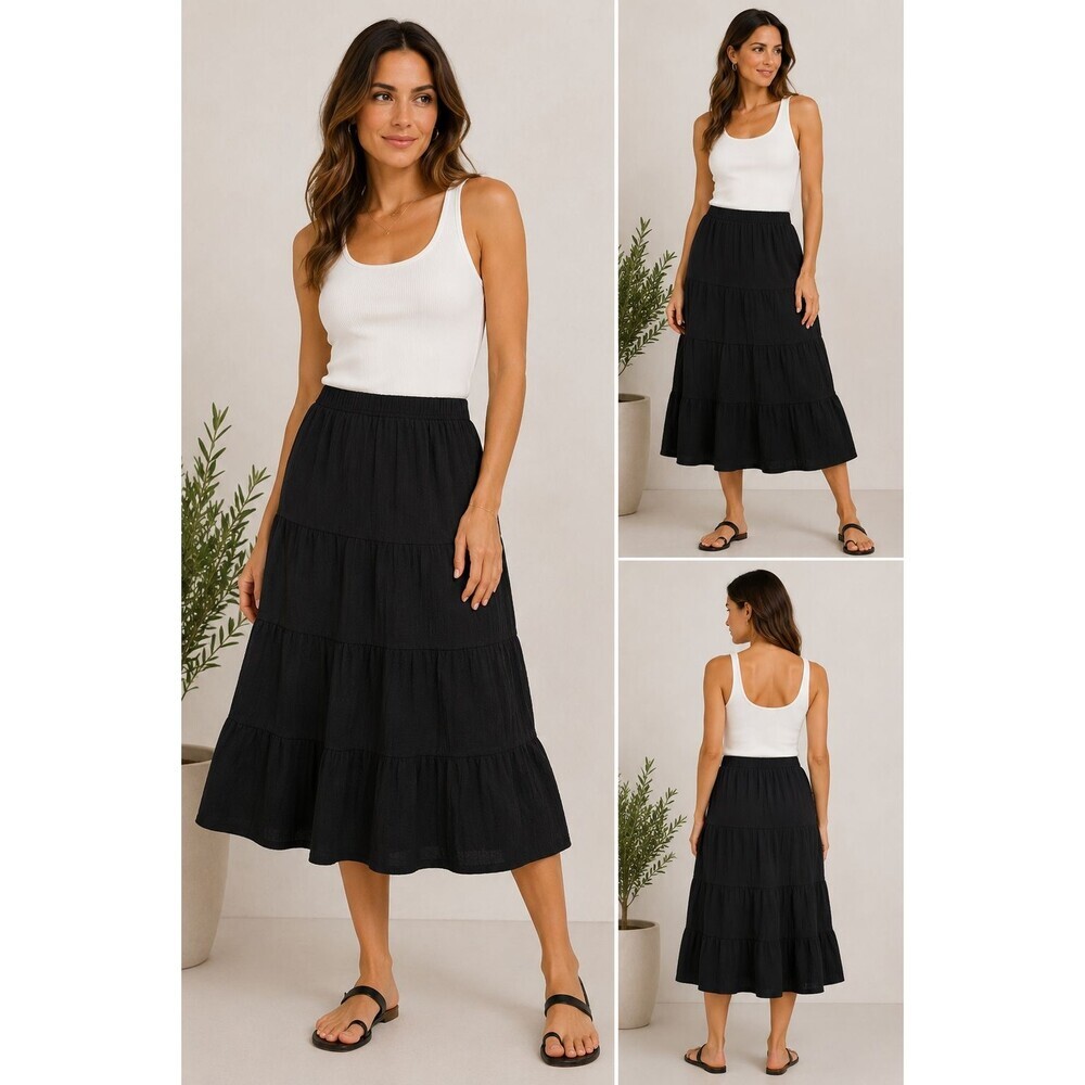 Chelsea & Theodore Skirt Black Tiered Midi Boho Cottagecore Peasant Women Size M